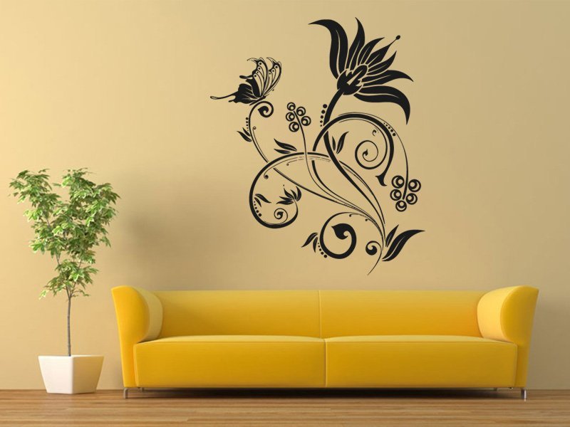 Samolepky na zeď Květiny s motýly 019 - Samolepící dekorace a nálepka na stěnu